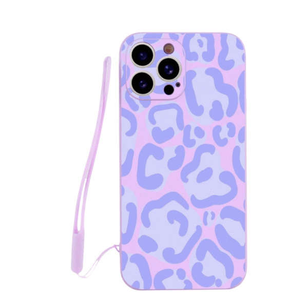 Funda antigolpes 14 Plus con print de leopardo púrpura y cordón a juego