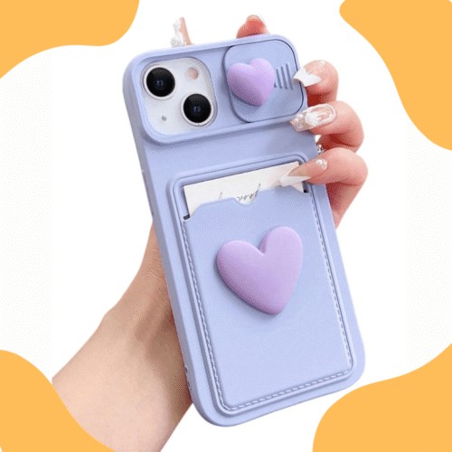 Funda iPhone 13 Pro Con Tarjetero Y Marco De Cámara Diseño De Corazón Lila