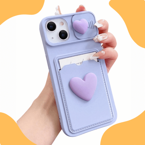 Funda iPhone 13 Pro Con Tarjetero Y Marco De Cámara Diseño De Corazón Lila